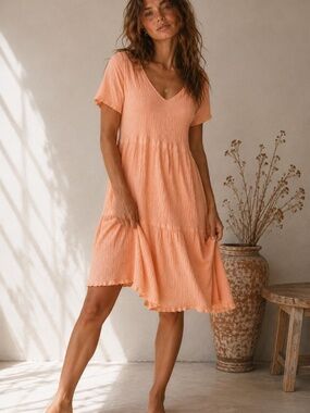 Stillwater Supply Co. M Peach Crinkle Gauze V-Neck Dress 100% Cotton Cottagecore